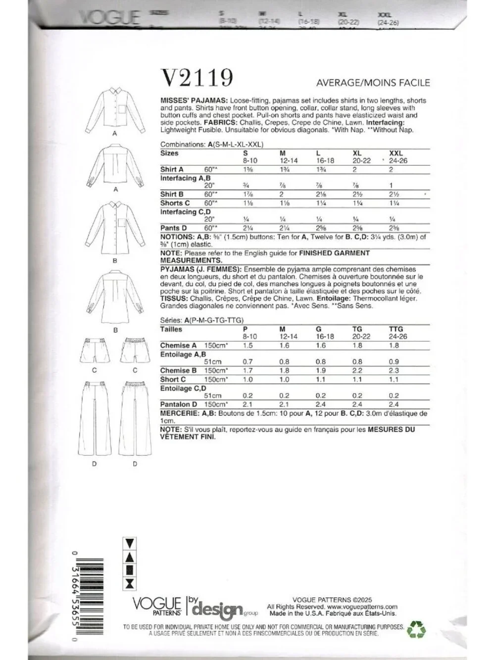 Vogue V2119 Misses S to XXL Loose-Fitting Pajamas Uncut Sewing Pattern